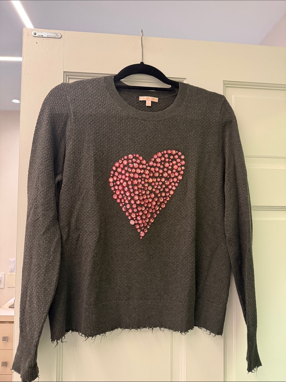 Lisa Todd Gray Crewneck Sweater with Pink Sequin Heart